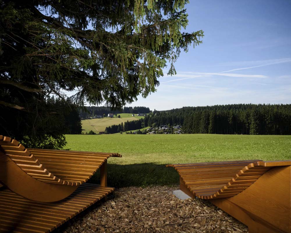 Carpe Diem Ferienapartments Schönwald Panoramablick Wiese Wald Sitzbänke